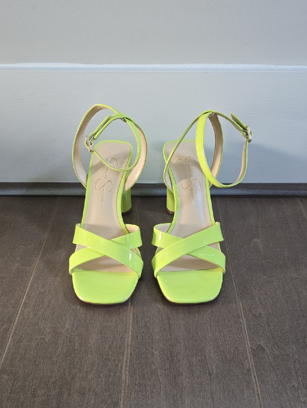 Jessica Simpson Neon Lime Patent Strappy Block Heel Sandals